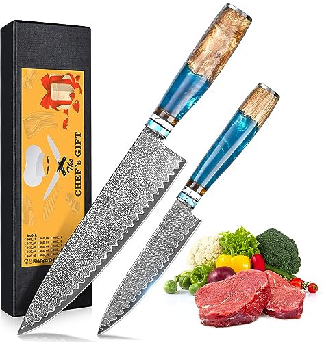 oFuun Ensemble de couteaux de cuisine 2PCS, Set de couteaux de chef, Lame en 67 Couche Acier Couteaux Japonais - 20CM Couteau de Chef, 12,6CM Couteau Universel