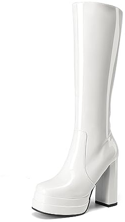 DREAM PAIRS Women's Gogo Platform Knee High Boots,White-Pat,7.5