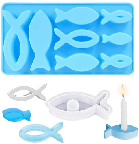 2pcs Silikonform Fisch, Gießform Fisch Silikon, 8 Gitter Gießform Fisch Siliko mit Kreis Silikonform Kerzenhalter, Kommunion konfirmation