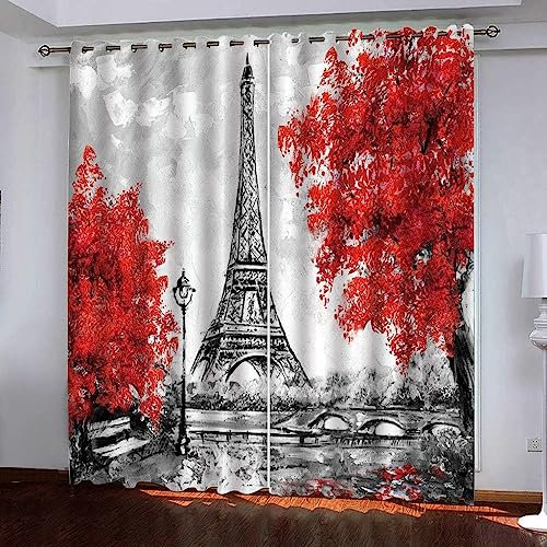 Verdunklungsvorhänge Kinderzimmer Eisenturm Roter Blumenbaum 2 Stück Vorhang Blickdicht Ösenschal Kindergardinen Junge Verdunklungsgardine Größe: 2 X 2 X 70 X 160 Cm - Rauschunterdrückung W -7T1K1J7V6