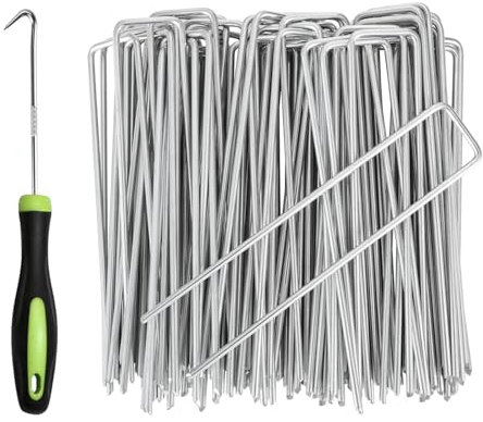 RnCop Galvanized Garden Pegs, 50 Pack 6/15cm Weed Membrane Pegs, Strong U-Shaped Ground Stakes Steel for Fixing Landscape Fabric(with 1 pick hook)