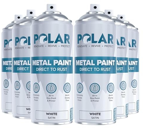 Polar Direct to Rust Metal Spray Paint - Durable All-in-One Paint & Primer - For Outdoor & Indoor - Corrosion Resistant, Tough Protection - Metal Primer - Satin White - 6 x 400ml