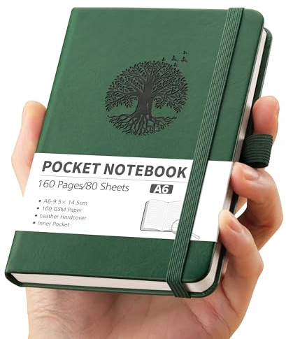 RETTACY Pocket Notebook - A6 Small Mini Notebook with 160 Pages,100 GSM Lined Paper Notepad, Inner Pocket, Hardcover, Elastic Band - Dark Green