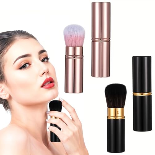 Grevosea Lot de 2 pinceaux de maquillage rétractables Kabuki avec couvercle extensible pour fond de teint liquide crème fond de teint correcteur blush (doré, noir)