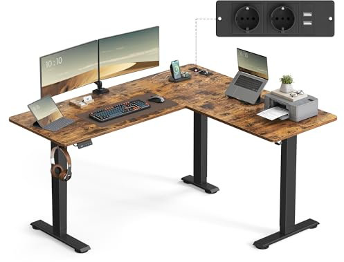 VASAGLE Höhenverstellbarer Schreibtisch elektrisch, L-förmiger Eckschreibtisch, 140 x 160 cm, mit Ladestation, Memory-Funktion mit 2 Höhen, für Homeoffice, vintagebraun-tintenschwarz LSD264K01