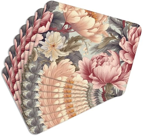 MG Design Set de 8 manteles Individuales de Corcho para Plato – Blooming Peonies – 30 × 40 cm – Resistentes al Calor y fáciles de Limpiar