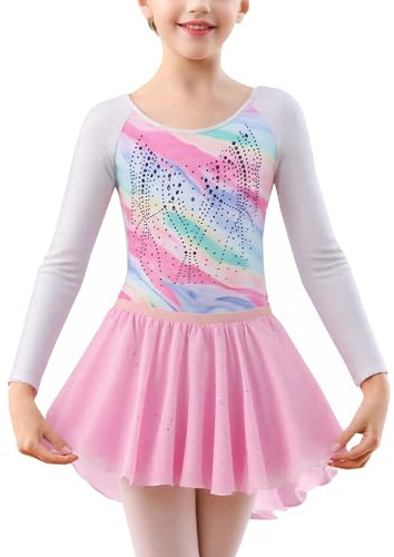 SEAUR Gymnastikdräkt för flickor, gymnastikdräkt glitter, gymnastiktröja med kjol och hårband för barn, långärmad Leotard-set, flerfärgad 5–12 år, ROSA, 5-6 år