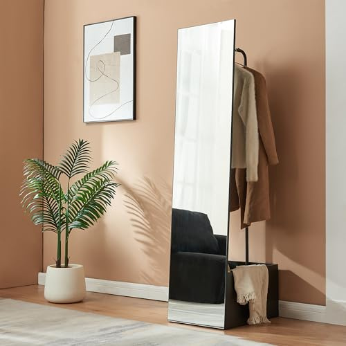 [en.casa] Specchio a Figura Intera con Stand Barra Appendiabiti Specchio Rettangolare da Terra e Vano Porta Oggetti Vestiti per Ingresso Camera da Letto Guardaroba 165 x 40 x 51 cm - Nero