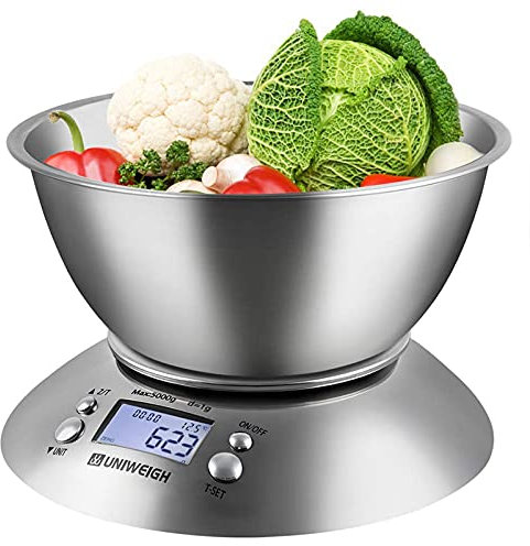 Balance de cuisine UNIWEIGH, Gramme et OZ pour la cuisine, la pâtisserie, les régimes, la perte de poids, avec bol amovible 2.15L, température ambiante, minuterie, écran LCD rétroéclairé, 11lb/5kg