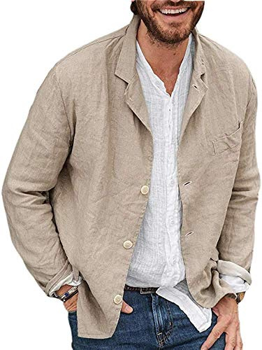 Chaqueta casual de algodón y lino para hombre, con tres botones, color liso, holgada