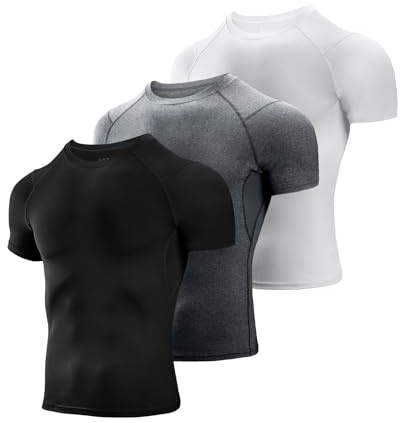 Niksa 1/3 stycken kompressionströja herr, löpartröja herr, kortärmad med underarm mesh, kortärmad funktionell tröja, andas, sportskjorta för löpning, träning, jogging, fitness, gym, Svart/grå/vit, 3