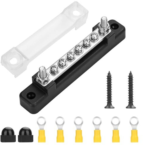 Linkstyle 150A Common 12V BusBar Power Terminal Blocks,12V- 48V Single-Row Covered Power Distribution Block with 2X M6 Studs 6X M4 Screws Terminals, for Car Boat Marine Caravan RV, Black