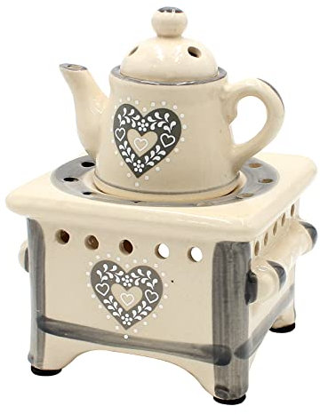 Dekohelden24 Duftlampe als Herd mit Kanne und Herz, grau/Aromalampe/Duftlicht/Duftstövchen, L/B/H: ca. 12 x 12 x 17 cm