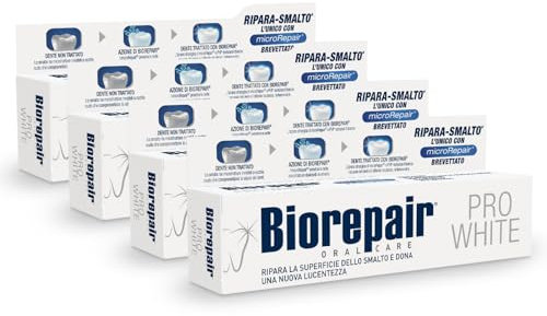 Biorepair, Pro White Zahnpasta, 4 Packungen à 60 ml, aufhellende Zahnpasta mit PVP-Polymer-Technologie, repariert Nagellack und Zahnstein für weiße und strahlende Zähne, ohne Fluorid