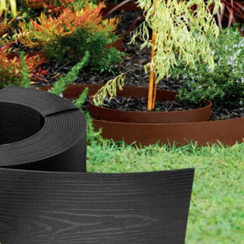 GARDENIX WoodBorder - Borde Flexible con Aspecto de Madera (plástico, Longitud 10 m, Altura 8 cm), Color Negro