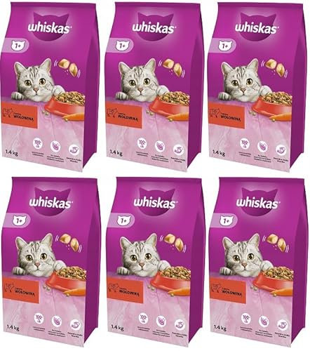 Whiskas Adult 1+ Katzentrockenfutter mit Rind, 6 Beutel, 6x1,4kg – Hochwertiges Trockenfutter für ausgewachsene Katzen ab 1 Jahr- unterschiedliche Produktverpackungen erhältlich