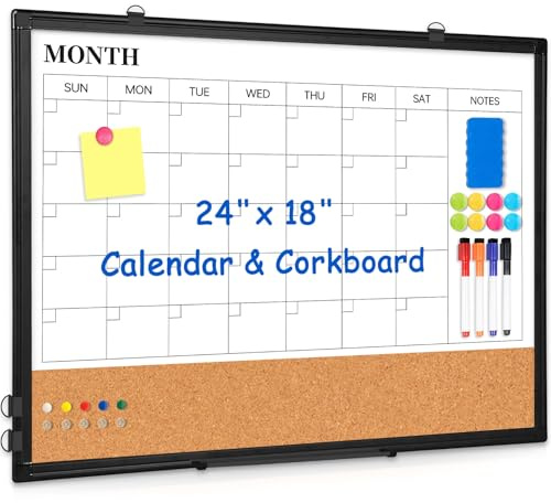 Monthly Calendar Whiteboard Dry Erase Cork Board Combo, 24 x 18 Magnetic Double-Sided Calendar White Board and Bulletin Board with Black Aluminium Frame, Portable Whiteboard for Office, Home, School
