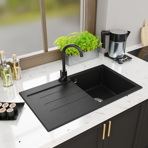 Diskbänk granithandfat inbyggd diskbänk enkelhandfat inbyggd diskbänk sifon Lavello Master 1.0 svart metallic – vänster