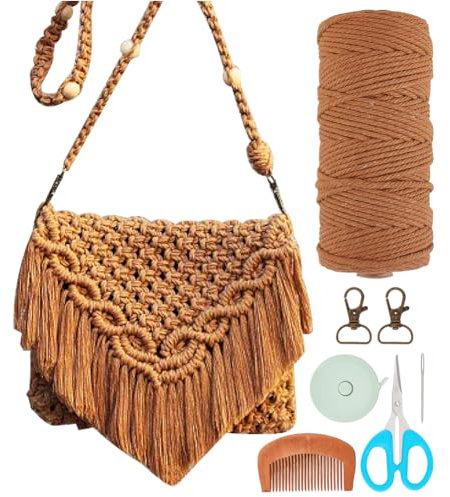 INFUNLY DIY Makramee-Taschen-Set für Erwachsene und Anfänger Mit Video und Anleitung - Handgefertigte Gewebte Bohemian-Knoten-Handtasche Mit Quasten für Fr