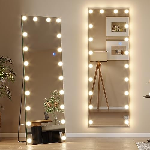 LVSOMT Ganzkörperspiegel mit Hollywood LED, 155x50cm Standspiegel Ganzkörperspiegel mit Beleuchtung, Spiegel Stehend mit 20 Glühbirnen, Wandspiegel Groß, 3 Lichtfarbe Einstellbar Dimmbar, Schwarz