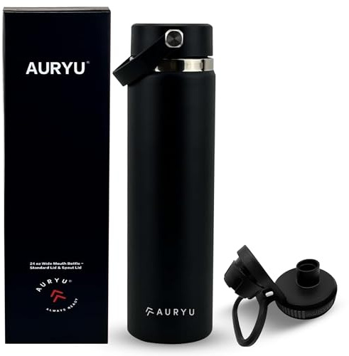 Auryu Black 24oz Triple-Walled Stainless Steel Water Bottle Leak Proof, BPA-Free Thermos with Bonus Spout Lid Wide Mouth Flask for Travel, Hiking, Gym, Hot & Cold Use