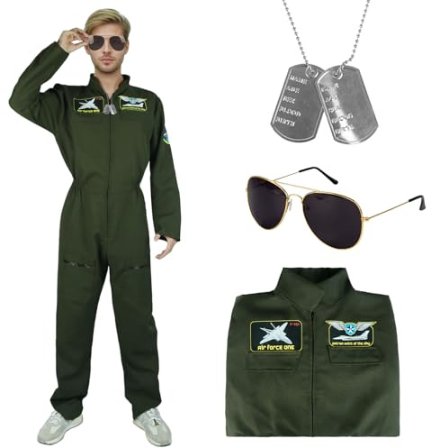Kitimi Costume Aviateur Homme, Deguisement de Pilote Hommes, Costume De Pilote De Chasse Adulte et Collier Chien Les Lunettes de Soleil,Combinaison Aviateur Homme pour Carnaval Halloween Cosplay