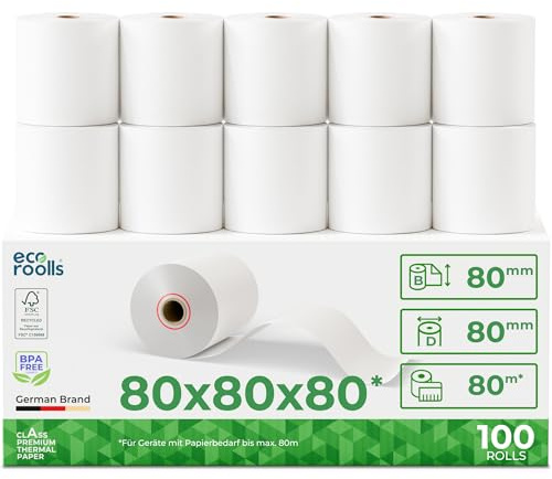 Kvittrullar 80 mm x 80 mm diameter | termopappersrullar för kvittskrivare | 100 stycken | BPA-fri | kartonghylsa – 2 kartong – 80 mm x 80 mm (100 rullar)