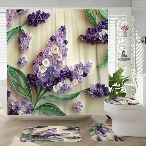 DESIHOM 4PCS Paper Quilling Lilac Shower Curtain Sets with Non-Slip Rug, U Shape and Toilet Lid Cover Mat, Art Floral Home Decor, Bathroom Accessory with 12 Hooks