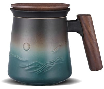 ZENS Tasse à Thé Gaufré Céramique (430ML),tasse a the avec infuseur et couvercle, Poignée en bois, Feuilles mobiles tasses à thé & Passoire pour les amateurs de thé Cadeaux