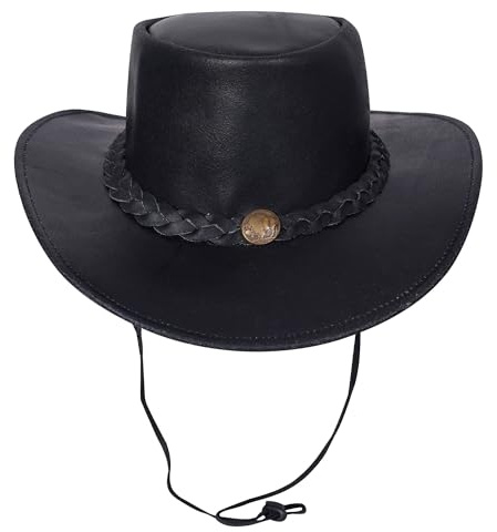URBAN 5884 Cappello da Cowboy in Vera Pelle, Cappello Western Uomo/Donna in Vera Pelle Bovina, Tesa Modellabile e Sottogola Regolabile - Nero, M