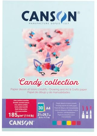 Canson Candy Collection, Papel de Dibujo y de Manualidades A4 30 hojas 185g, 6 Colores Surtidos Pastel