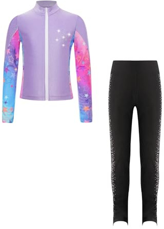 Sinleey Costume Pattinaggio Artistico Bambini Ragazze Giacca Stampata Glitter Strass Pantaloni Pattinaggio Set Competizione Allenamento Abbigliamento Sportivo Tuta Pattinaggio Viola 5-6 anni