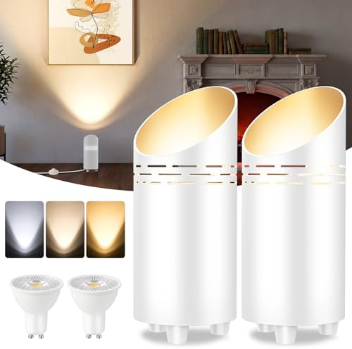 T-SUN LED Uplight Spot, 6W Lámpara de Suelo con Interruptor de Pie & GU10 Lámpara LED Lámpara de Pie con 1,8m Cable, Luz Cálida/Natural/Blanca Fría, Foco para Interiores Plantas Murales(2 Pcs, Blanco)