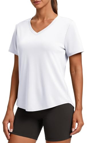 PINSPARK Damsportskjorta, kortärmad, V-ringad, sport-t-shirt, UPF 50, solskydd, snabbtorkande, yoga, fitness, andas, löpartröja, funktionströja, Vit, L