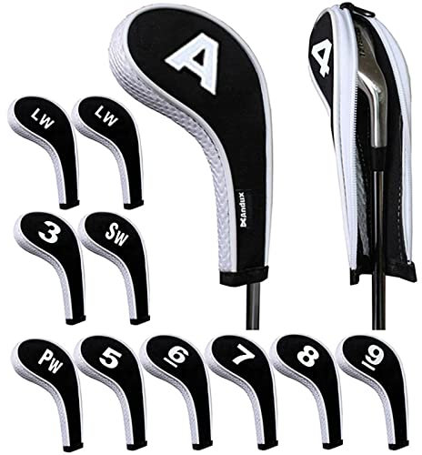 Andux Number Print Golf Iron Club Head Covers Long Neck with Zipper 12pcs/Set Black/white