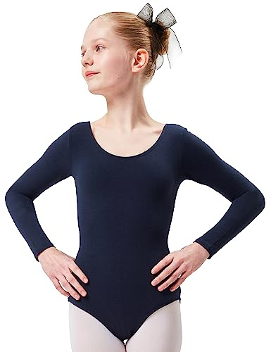 tanzmuster ® Ballettanzug Mädchen Langarm - Lilly - aus Baumwolle, Ballettbody Kinder Ballett Trikot in marineblau, Größe 140/146