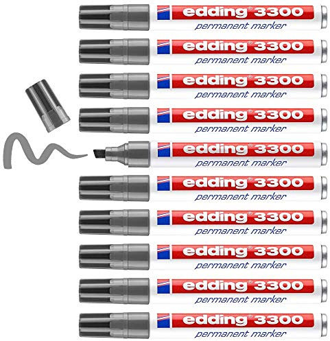 edding 3300 Permanentmarker - grau - 10 Stifte - Keil-Spitze 1-5 mm - schnell trocknender Permanent Marker - wasserfest, wischfest - für Karton, Kunststoff, Holz, Metall - Universalmarker