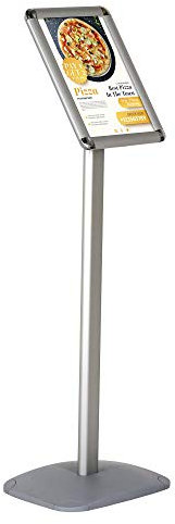 DISPLAY SALES Infoständer DIN A4 (210x297 mm)| RONDOECKEN Silber Premium Informationshalter (1m Höhe)| Rostfreie Alu Fußplatte| Attraktiver Infohalter| Hoch-/Querformat