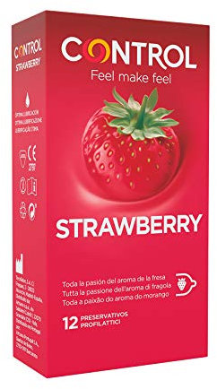 Control Erdbeer-Kondome - 12 Stück Mit Leidenschaftlichem Erdbeeraroma, Geschmiert für Sicheren Sex - Perfekte Passform für Eine Sichere Beziehung