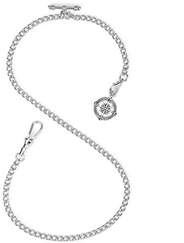 ManChDa Albert Chain Taschenuhr, T-Bar-Kette mit Kompassanhänger, Curb Link Chain 2 Haken Antike Fob T-Bar für Herren (Silber)