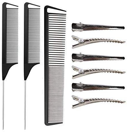 Rat Tail Combs Set, RuiChy 3 Pack Carbon Styling Combs Barber Hairdressing Comb Cutting Wide and Fine Teeth Comb Steel Pintail Comb Teasing Hair Comb with 6 Metal Alligator Curl Clips