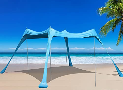 Family Beach Tent Canopy Sun Shade, Pop Up Grande Beach Tent Sun Shelter Stability 4 Poles with Portable Carry Bag Outdoor Shade for Fishing Backyard Camping