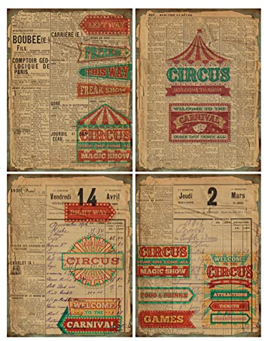 GIVBRO Carta decorativa per album di ritagli, stile vintage, tema circo, cartoleria, per viaggi, diari, fai da te, 4 fogli