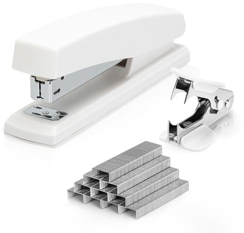 Deli Grapadora para grapas 24/6 y 26/6, grapadora de escritorio de oficina con capacidad de 25 hojas, incluye 1000 grapas y removedor de grapas, color blanco