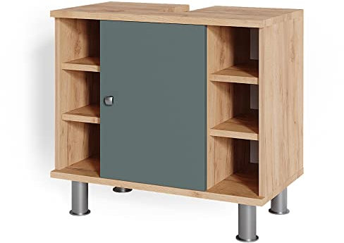 Vicco Waschbeckenunterschrank Fynn, Waschtischunterschrank, Goldkraft Eiche/Grün, 60 x 54 cm