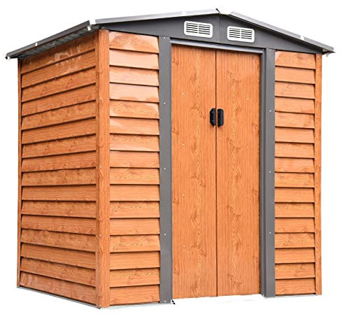Outsunny Casetta da Giardino 2.68m² in Acciaio Zincato con Fori di Drenaggio Prese d'Aria, Capanno Porta Attrezzi con Tetto Inclinato, Doppie Porte Scorrevoli Bloccabili, Design Effetto Legno, Marrone