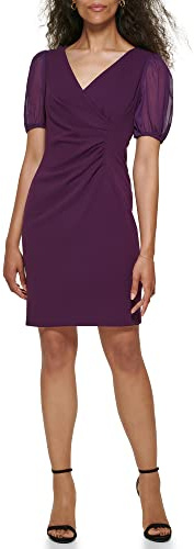 DKNY Vestido de Gasa de crepé-Buceo, Medios Mixtos, Lateral Fruncido, Vino, 40 para Mujer