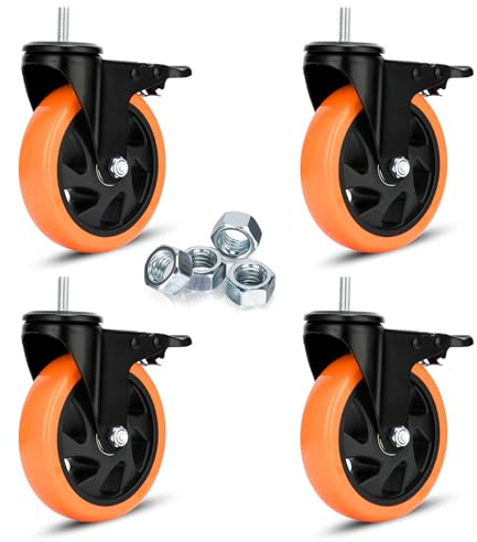 Heavy Duty Swivel Wheels 5 Inch PVC Casters with Stem 3/8''-16x1'' Dual Locking Industrial Caster Safety Wheels Load Bearing 1500 Lbs Castors Set of 4 for Cart, Furniture