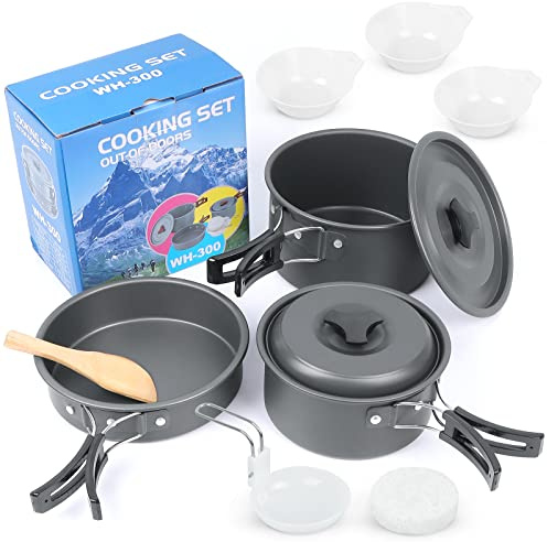 ATPWONZ Camping Cookware Set 11Pcs -Lightweight Aluminum camping pans 16cm 13cm 2 Pots, 16cm Frying Pan, 3 Bowls, Spoons & Cleaner - Portable Black for Camping, Picnics with Carry Bag for 2-3 People