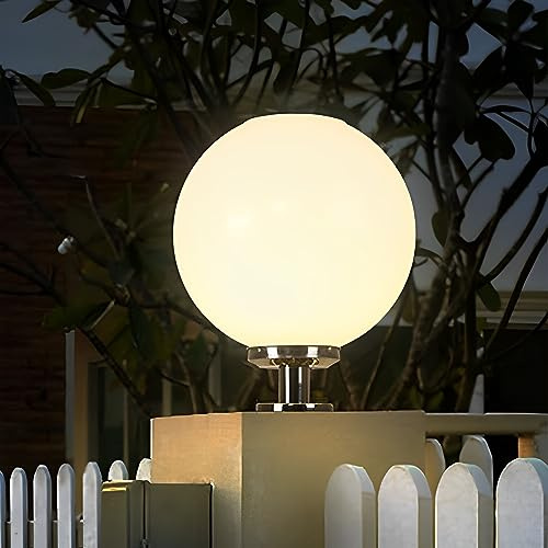 PTOUG Solar Post Cap Lights Outdoor, 11.8 Fence Pedestal Globe Post Lamp, Stainless Steel IP65 Waterproof External Column Light, Vintage LED dimmable Pillar Lights for Farmhouse Lawn Road Driveway